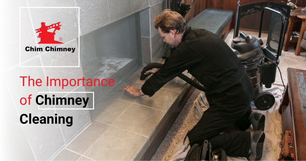 Photo of a man cleaning a chimney with a caption that reads, "the importance of chimney cleaning".