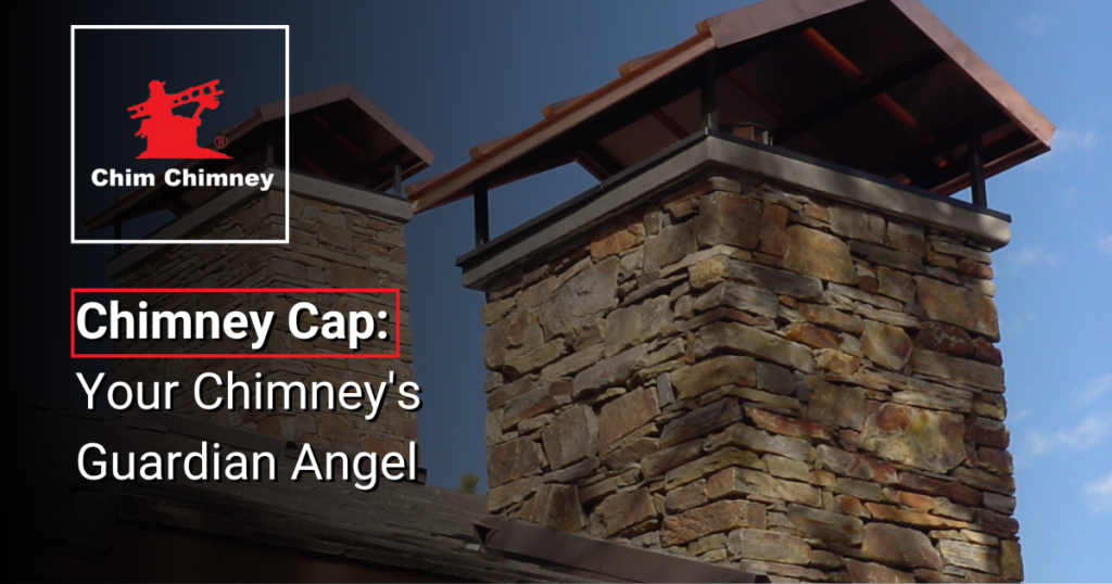 Image of a fireplace with a stone chimney cap and an overlaying caption that reads, "Chimney Cap: Your Chimney's Guardian Angel".