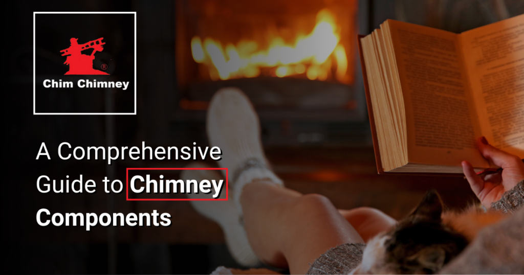 Image of a person reading a book by a fireplace with an overlaying caption that reads "Understanding the Anatomy of Your Chimney: A Comprehensive Guide to Chimney Components".