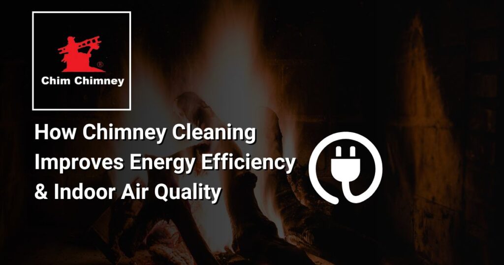 Image of a fire in a fire place with an overlaying title that reads, "How Chimney Cleaning Improves Energy Efficiency & Indoor Air Quality".