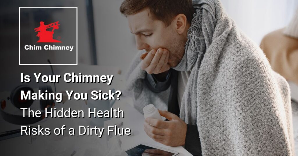 Photo of a sick man taking medicine with an overlaying title that reads, "Is Your Chimney Making You Sick? The Hidden Health Risks of a Dirty Flue".