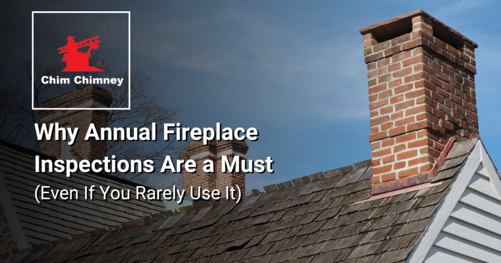 Photo of a house with a chimney. There is an overlaying title that reads, "Why Annual Fireplace Inspections Are a Must (Even If You Rarely Use It)".