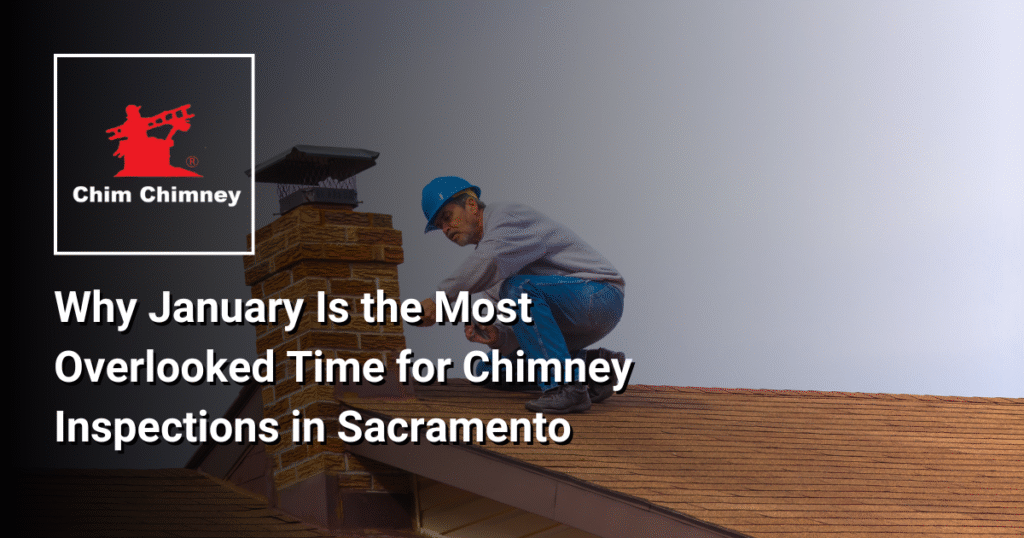 Image of a man doing a chimney inspection with the overlaying title that reads, "Why January Is the Most Overlooked Time for Chimney Inspections in Sacramento".
