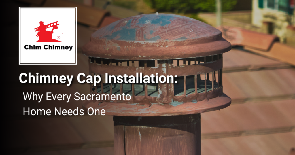 A photo of a chimney cap with an overlaying title that reads, "Chimney Cap Installation: Why Every Sacramento Home Needs One".