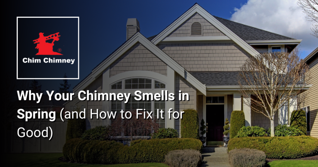 Image of a house in the spring time with an overlaying caption that reads, "Why Your Chimney Smells in Spring (and How to Fix It for Good)".