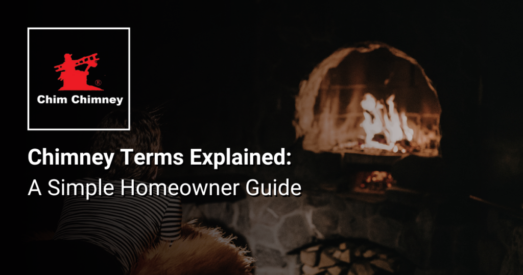 A photo of a fire in a fireplace in a dark room with an overlaying title that reads, "Chimney Terms Explained: A Simple Homeowner Guide".