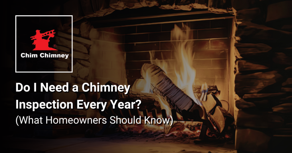 A photo of a fireplace with a fire blazing, fire wood in the foreground with an overlaying title that reads, "Do I Need a Chimney Inspection Every Year? (What Homeowners Should Know)".