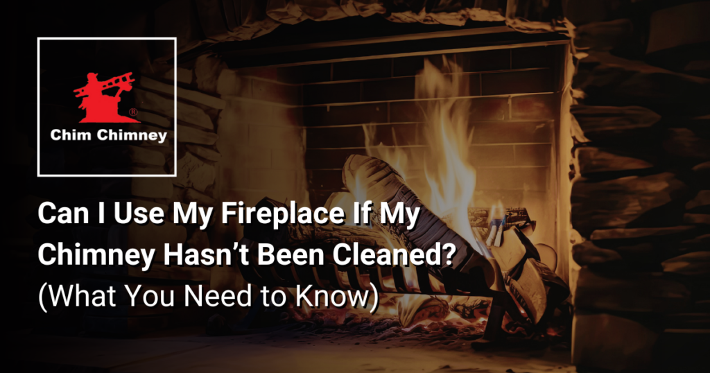 Photo of a fireplace with a fire burning with an overlaying title that reads, "Can I Use My Fireplace If My Chimney Hasn’t Been Cleaned? (What You Need to Know)".
