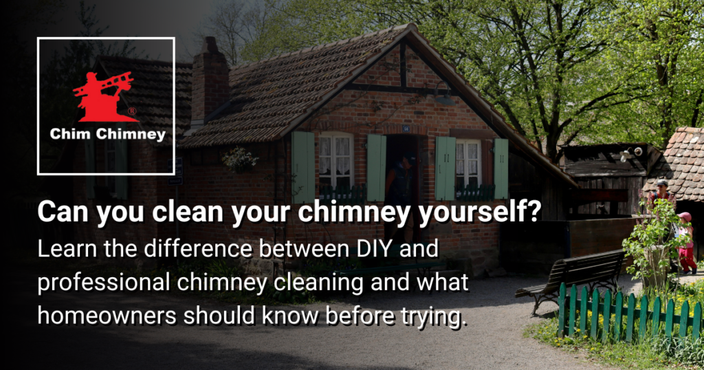 Photo of a house with a chimney and overlaying text that reads, "Can you clean your chimney yourself? Learn the difference between DIY and professional chimney cleaning and what homeowners should know before trying.".