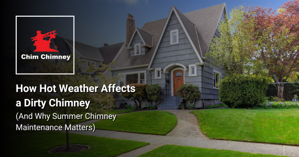 A photo of a house in the summer time with an overlaying title that reads, "How Hot Weather Affects a Dirty Chimney (And Why Summer Chimney Maintenance Matters)".